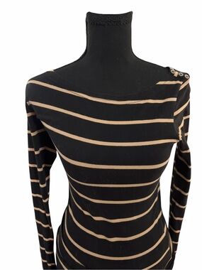 H & M Black and Tan Striped Long Sleeve Boatneck Top Nautical Perisian feel XS